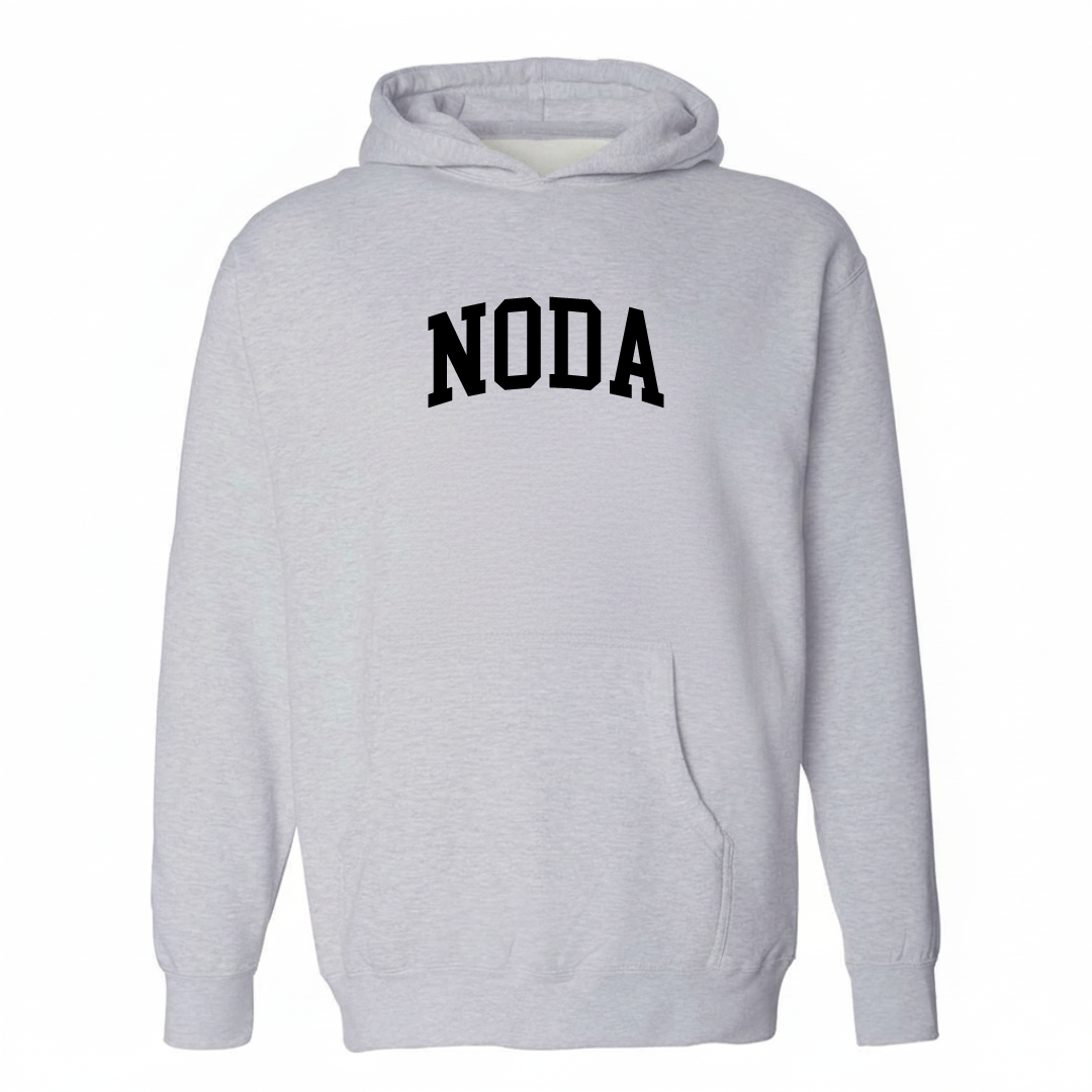 Heather-gray hoodie with the NoDa varsity arched lettering design on the chest.