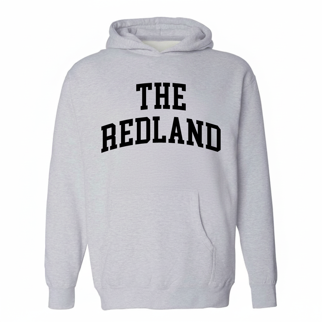 Heather-gray hoodie with The Redland varsity arched lettering design on the chest.