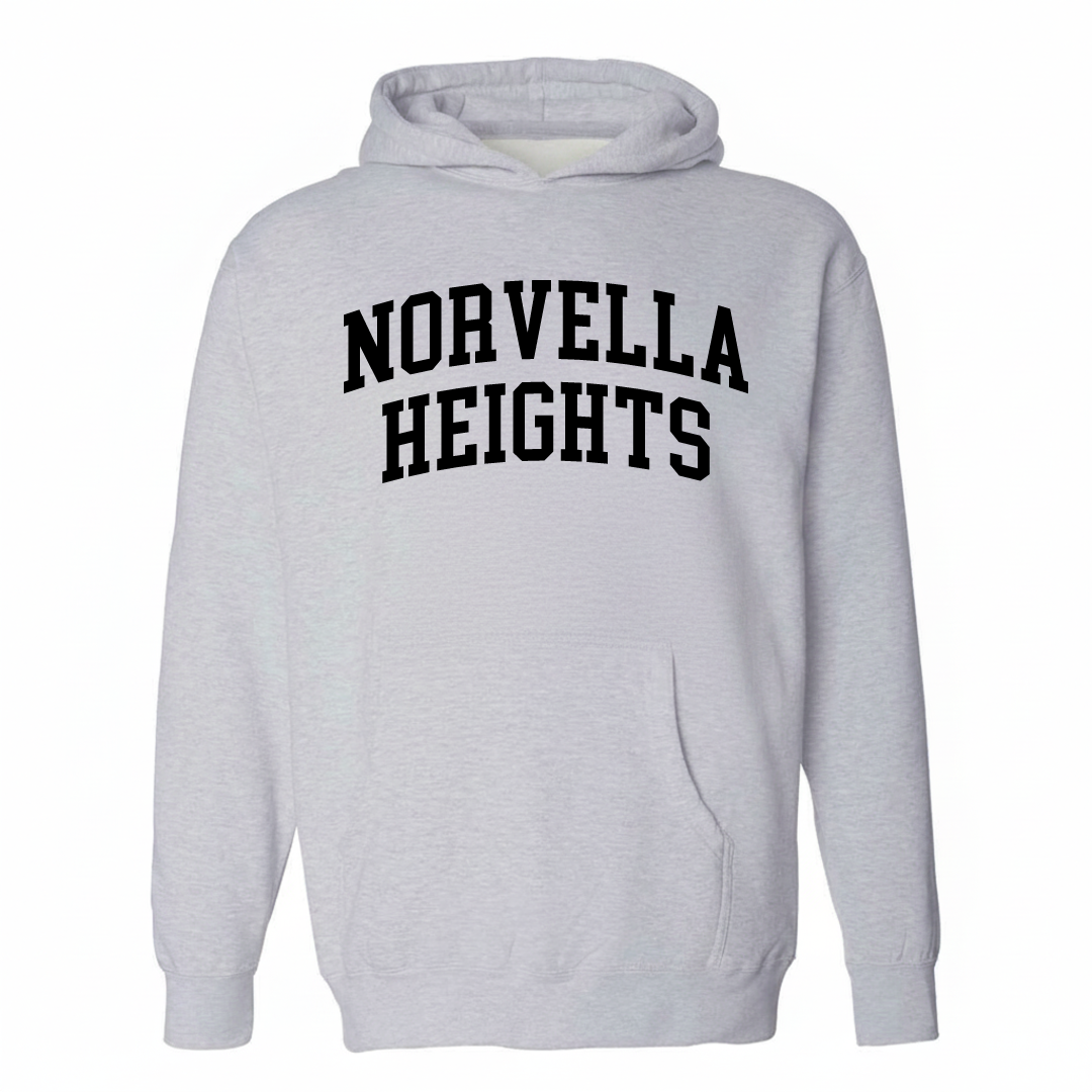 Heather-gray hoodie with the Norvella Heights varsity arched lettering design on the chest.