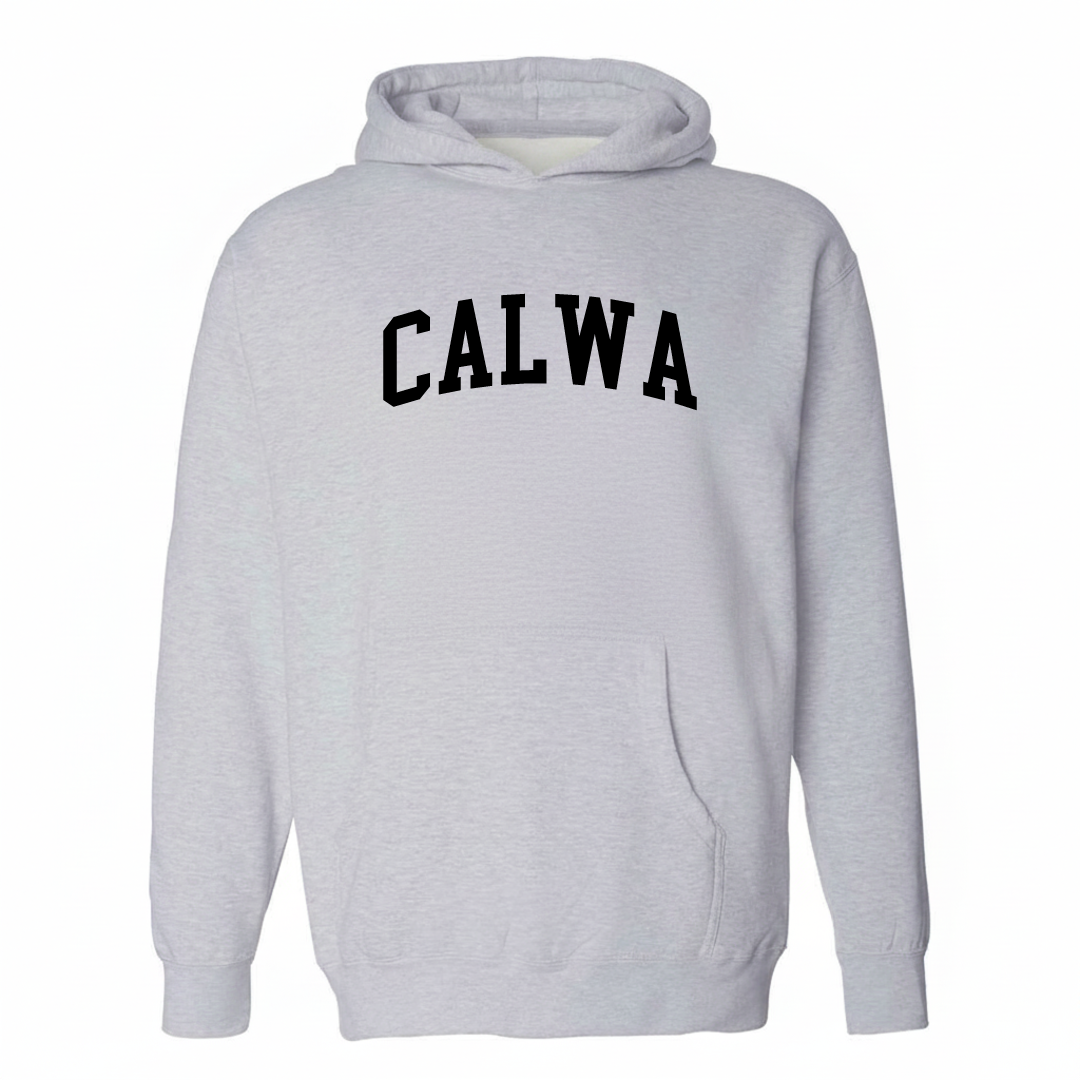 Heather-gray hoodie with the Calwa varsity arched lettering design on the chest.
