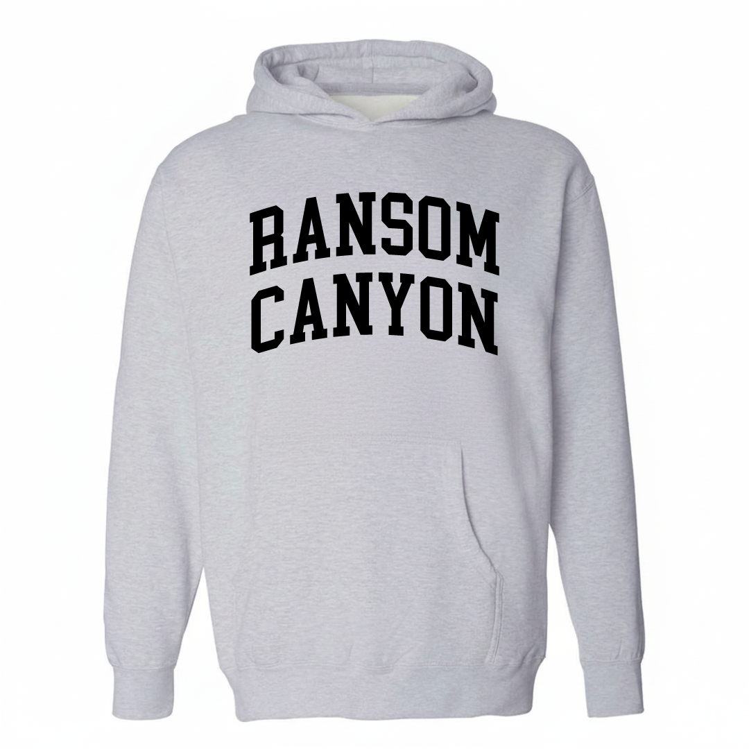 Heather-gray hoodie with the Ransom Canyon varsity arched lettering design on the chest.