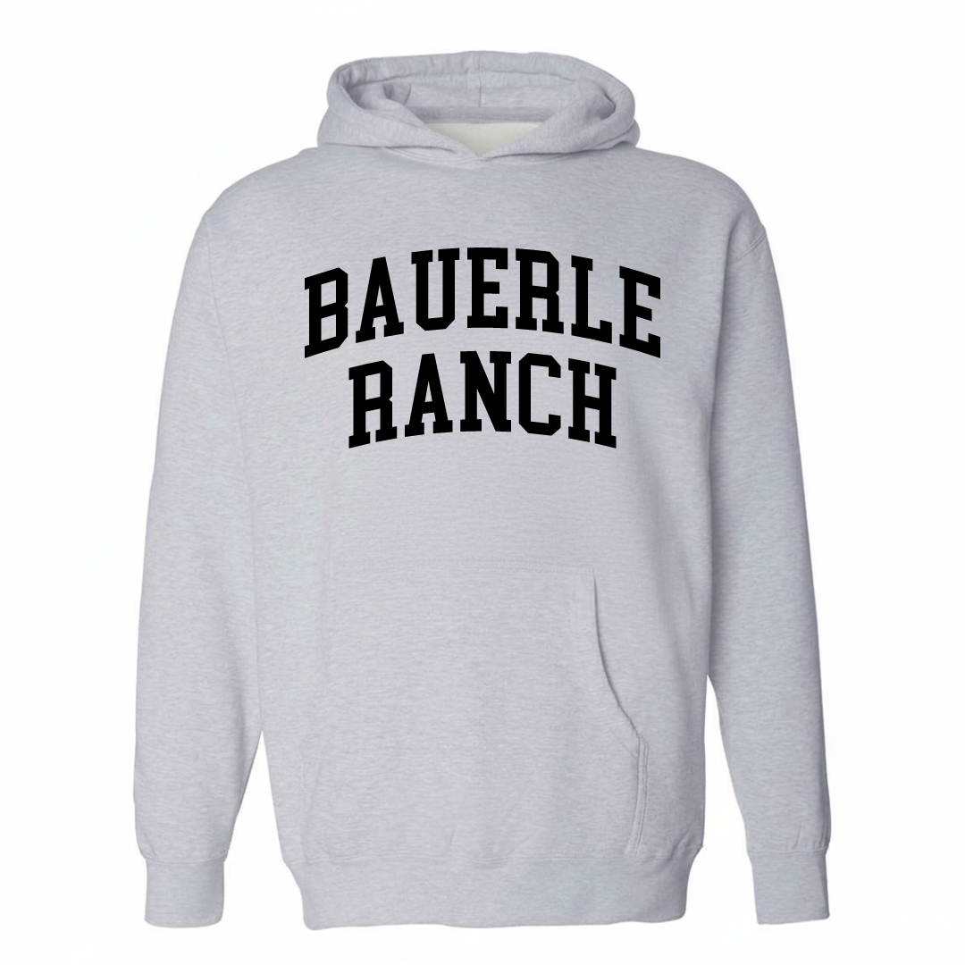 Heather-gray hoodie with the Bauerle Ranch varsity arched lettering design on the chest.