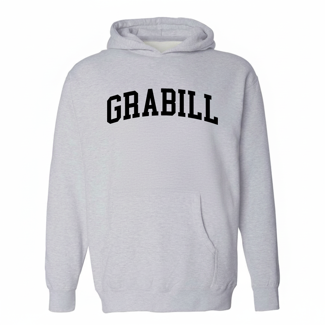 Heather-gray hoodie with the Grabill arched lettering varsity-collegiate design on the chest.