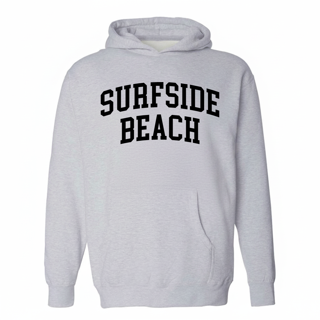 Heather-gray hoodie with the Surfside Beach arched lettering design on the chest.
