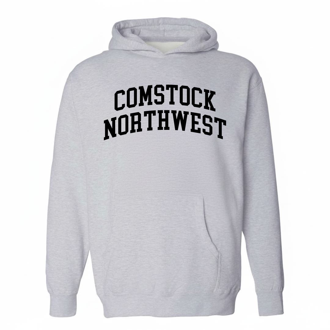 Heather-gray hoodie with the Comstock Northwest varsity arched lettering design on the chest.