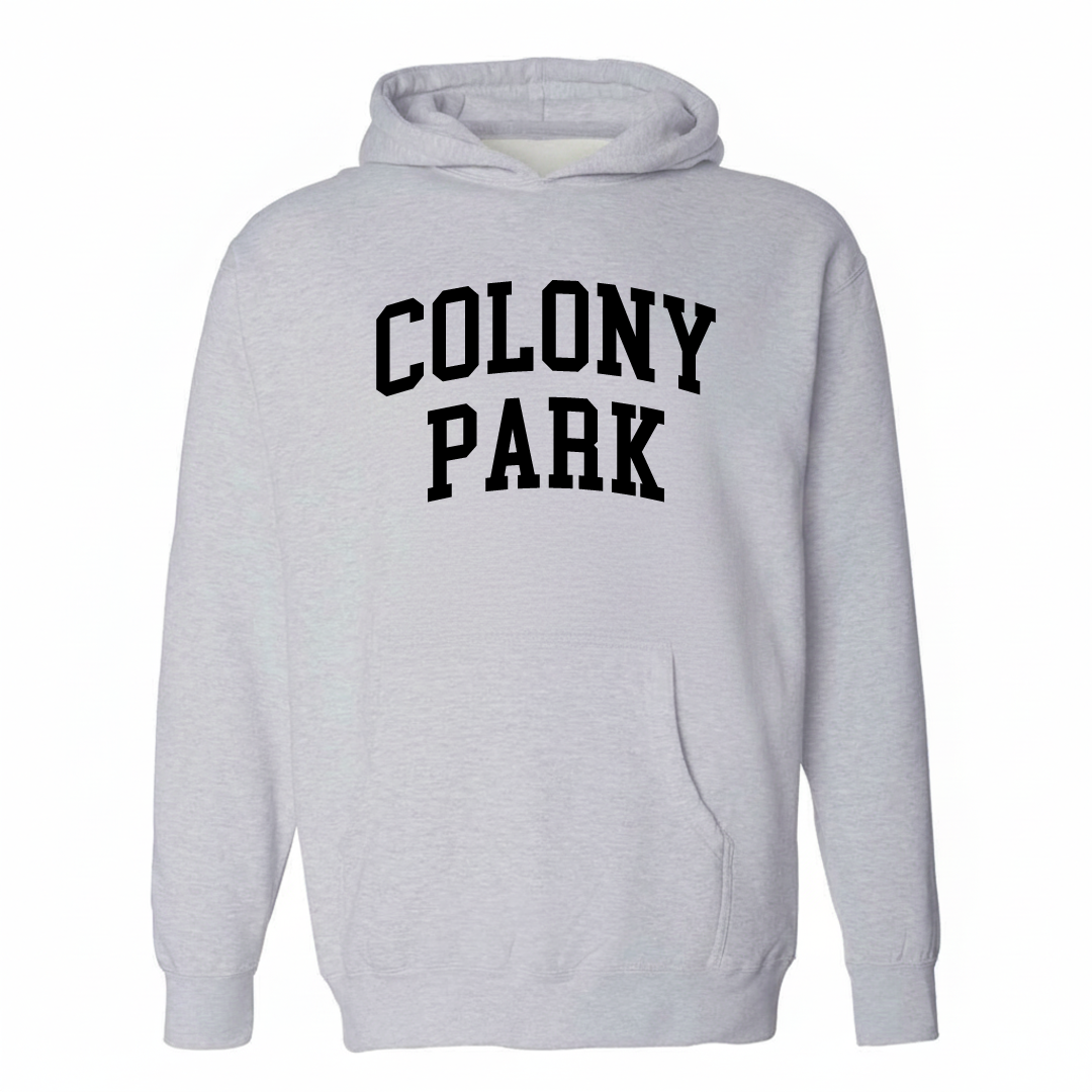 Heather-gray hoodie with the Colony Park varsity arched lettering design on the chest.