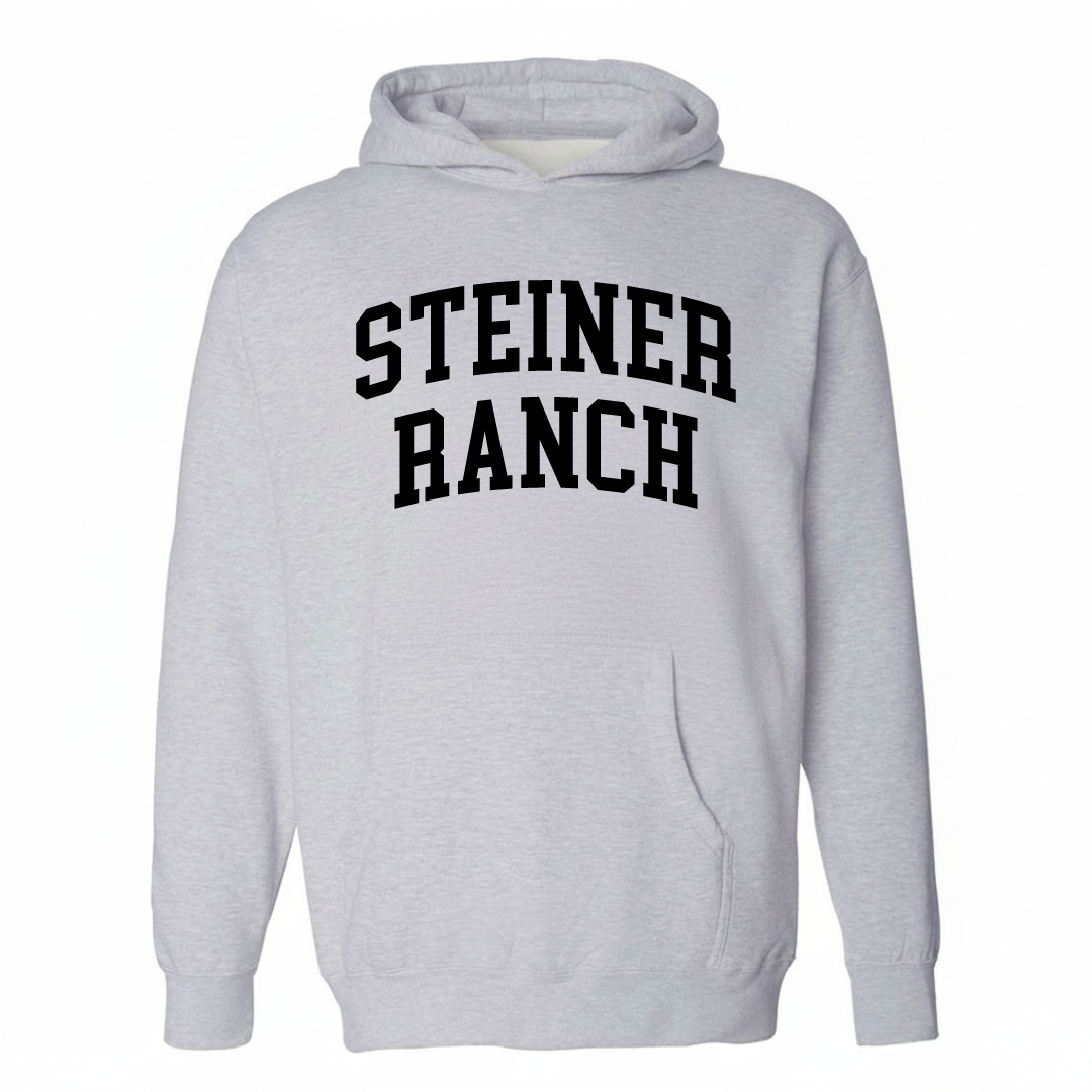 Heather-gray hoodie with the Steiner Ranch varsity arched lettering design on the chest.