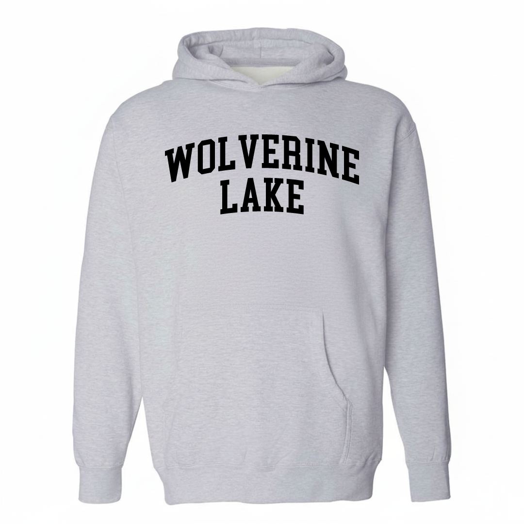 Heather-gray hoodie with the Wolverine Lake arched varsity lettering design on the chest.