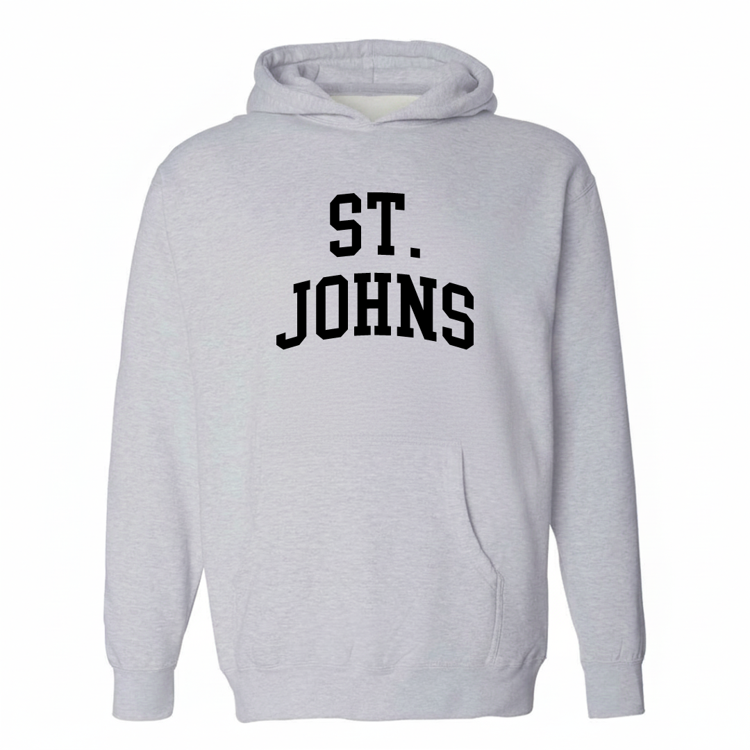 Heather-gray hoodie with the St. Johns varsity arched lettering design on the chest.