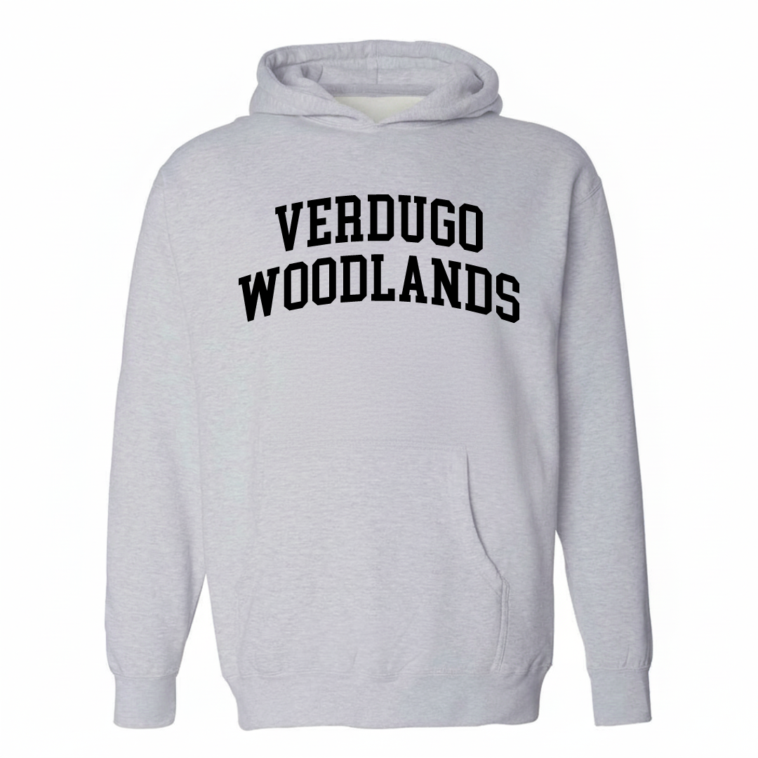 Heather-gray hoodie with the Verdugo Woodlands varsity arched lettering design on the chest.