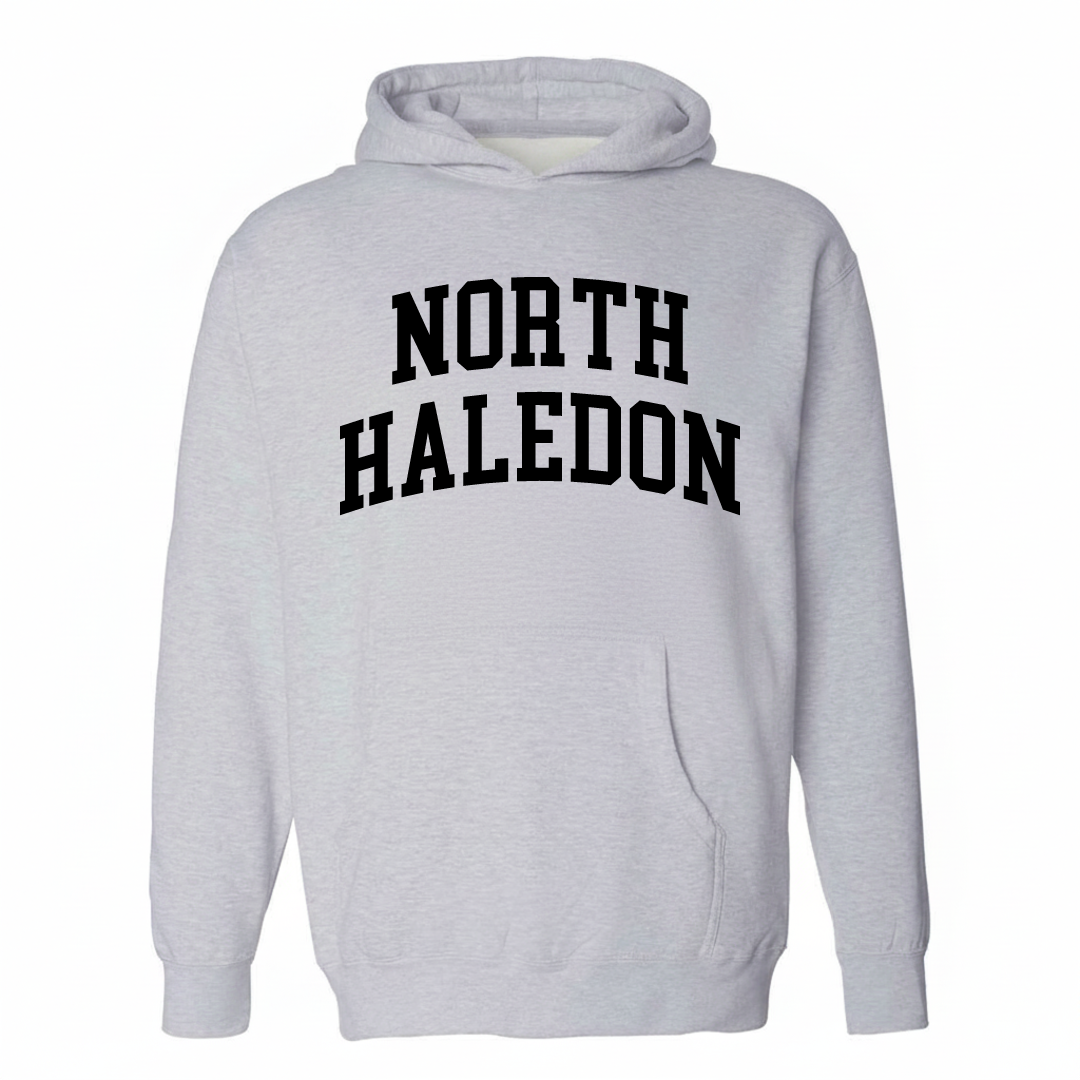 Heather-gray hoodie with the North Haledon varsity arched lettering design on the chest.
