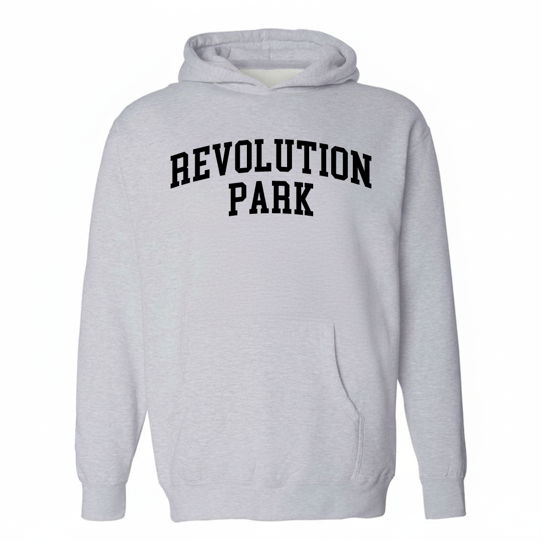 Heather-gray hoodie with the Revolution Park varsity arched lettering design on the chest.