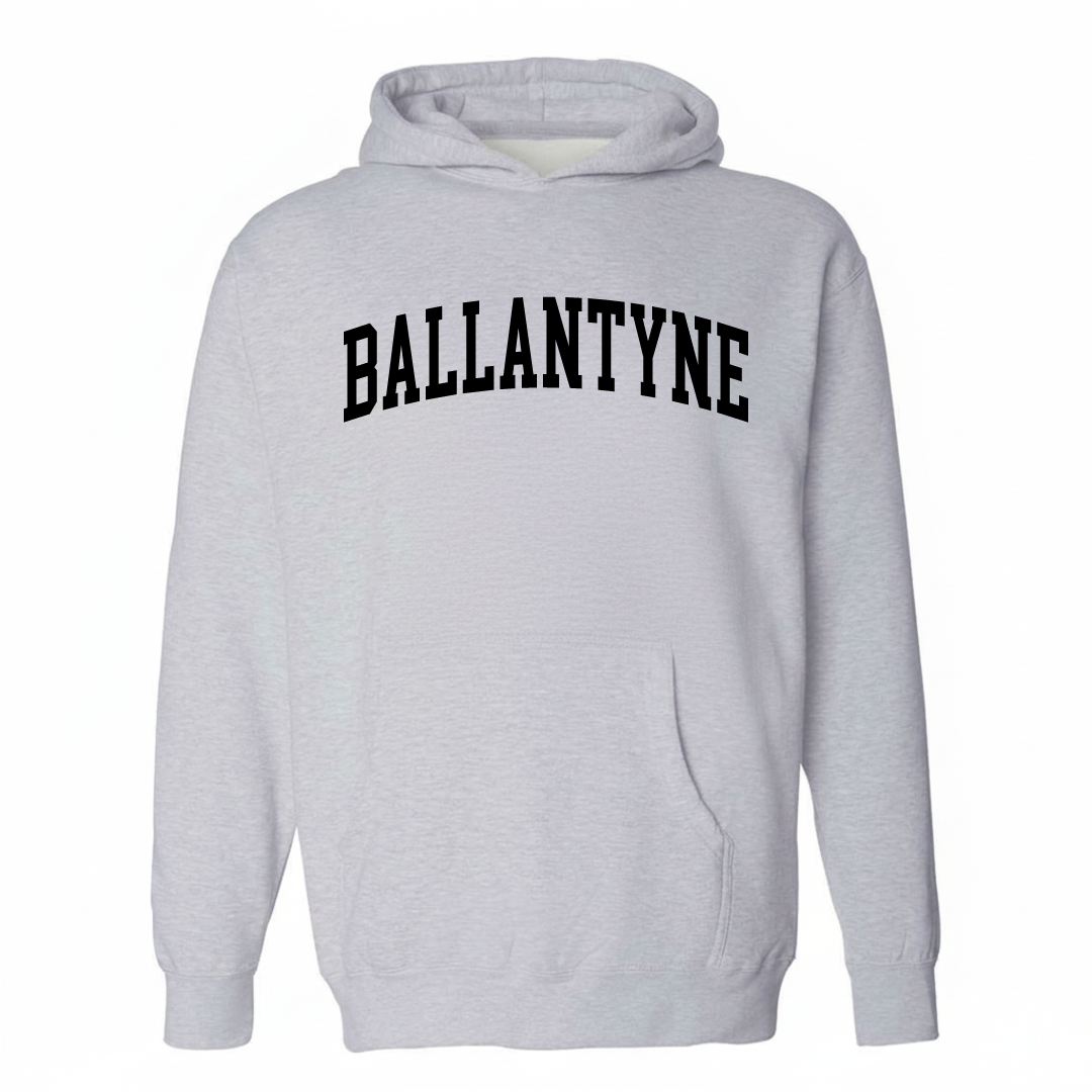 Heather-gray hoodie with the Ballantyne arched collegiate lettering design on the chest.