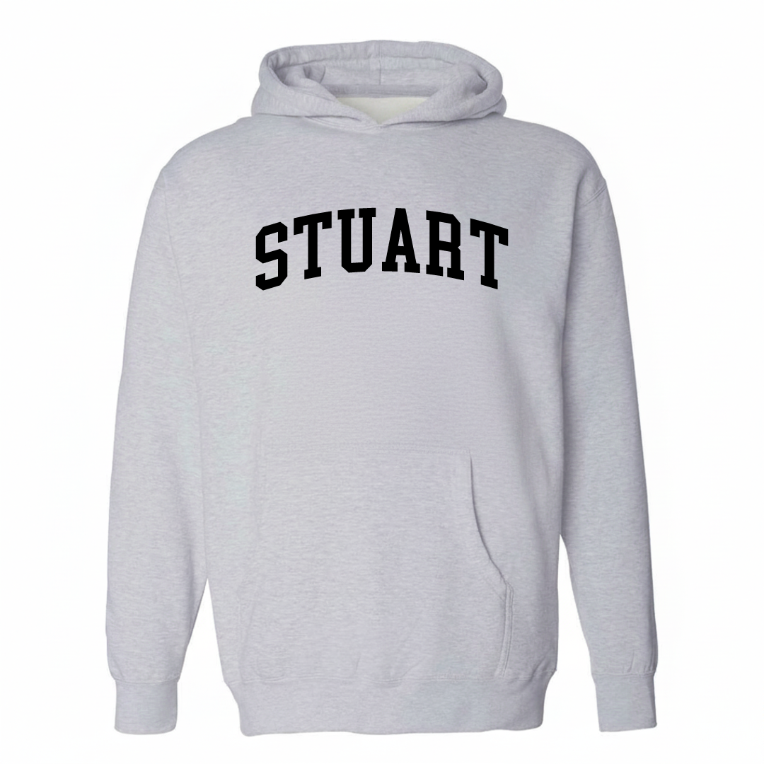 Heather-gray hoodie with the Stuart, Kalamazoo varsity arched lettering design on the chest.