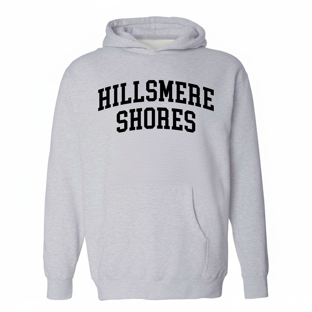 Heather-gray hoodie with the Hillsmere Shores varsity arched lettering design on the chest.