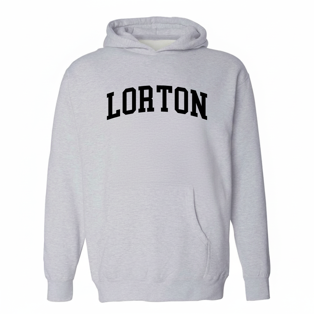 Heather-gray hoodie with the Lorton varsity arched lettering design on the chest.