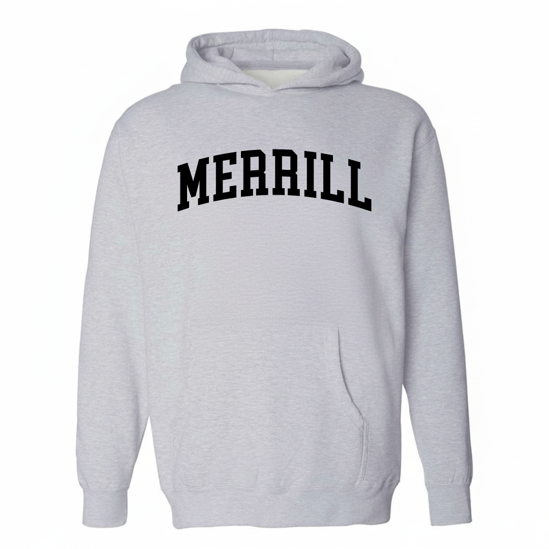 Heather-gray hoodie with the Merrill arched lettering varsity-collegiate design on the chest.