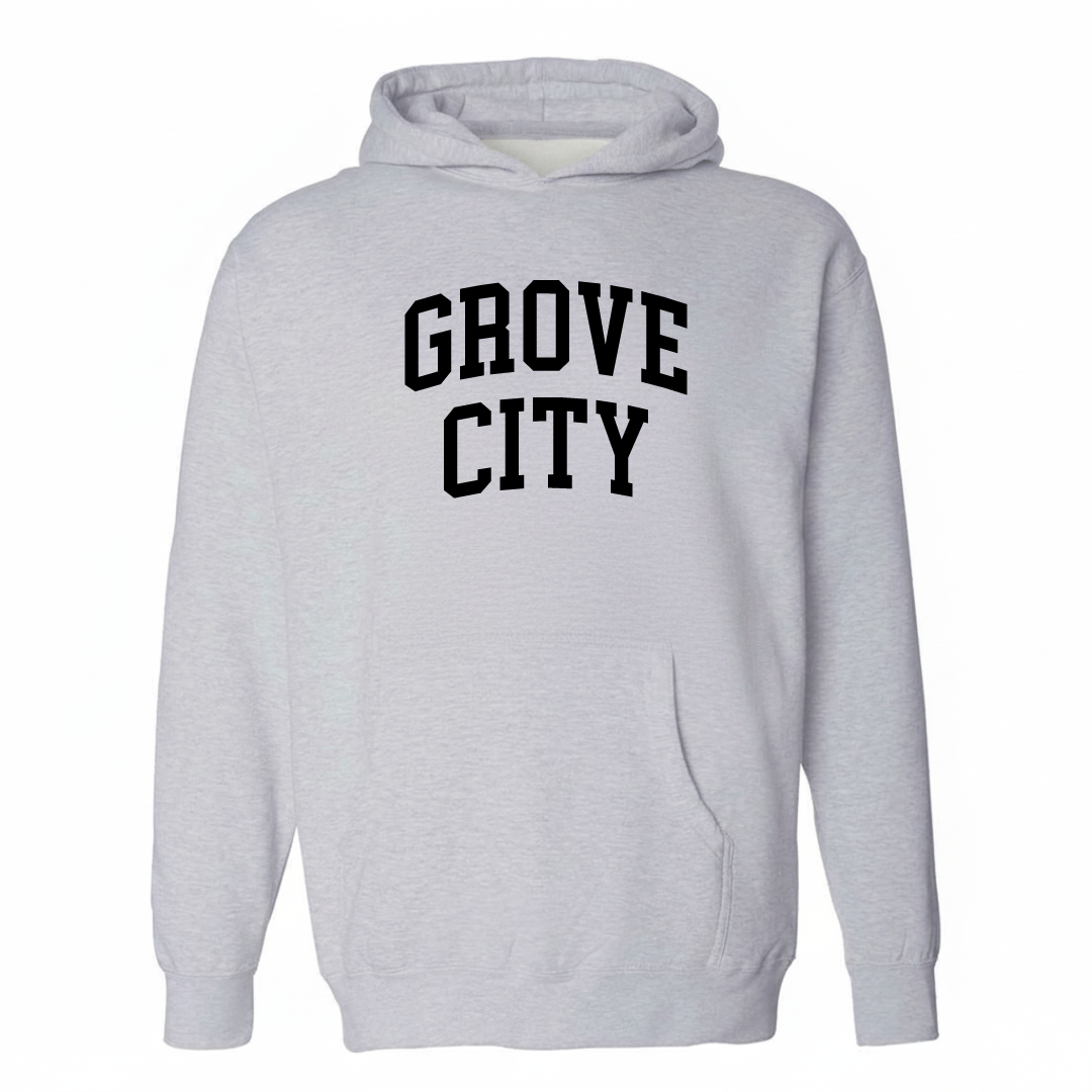Heather-gray hoodie with the Grove City arched lettering varsity-collegiate design on the chest.