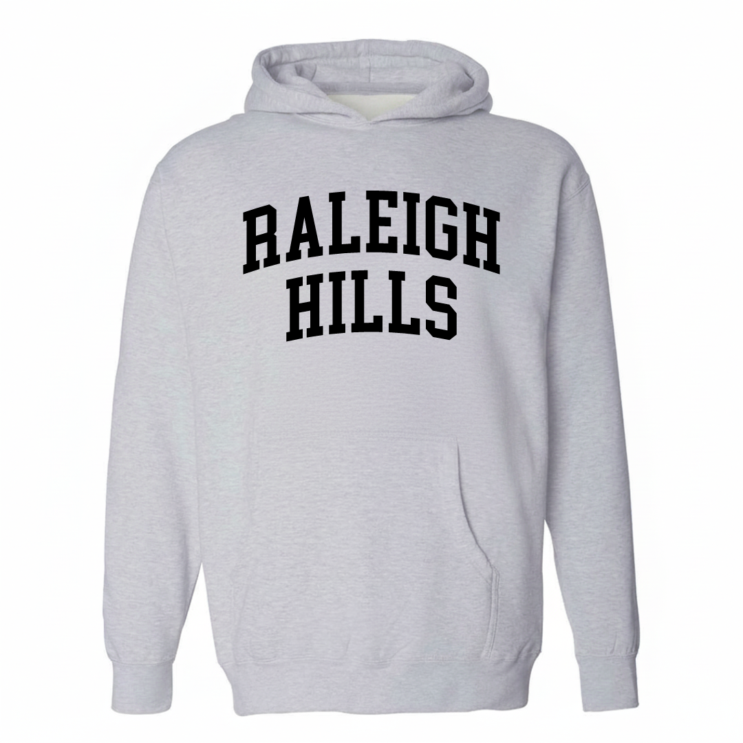 Heather-gray hoodie with the Raleigh Hills varsity arched lettering design on the chest.