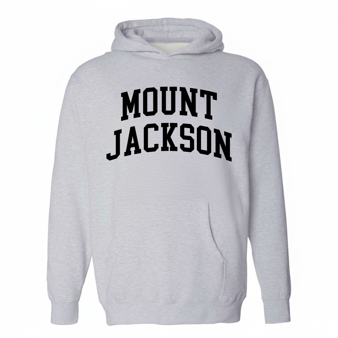 Heather-gray hoodie with the Mount Jackson varsity arched lettering design on the chest.