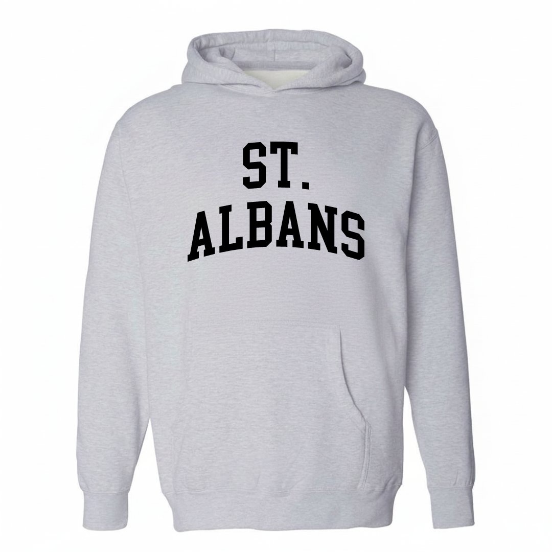 Heather-gray hoodie with the St. Albans varsity arched lettering design on the chest.