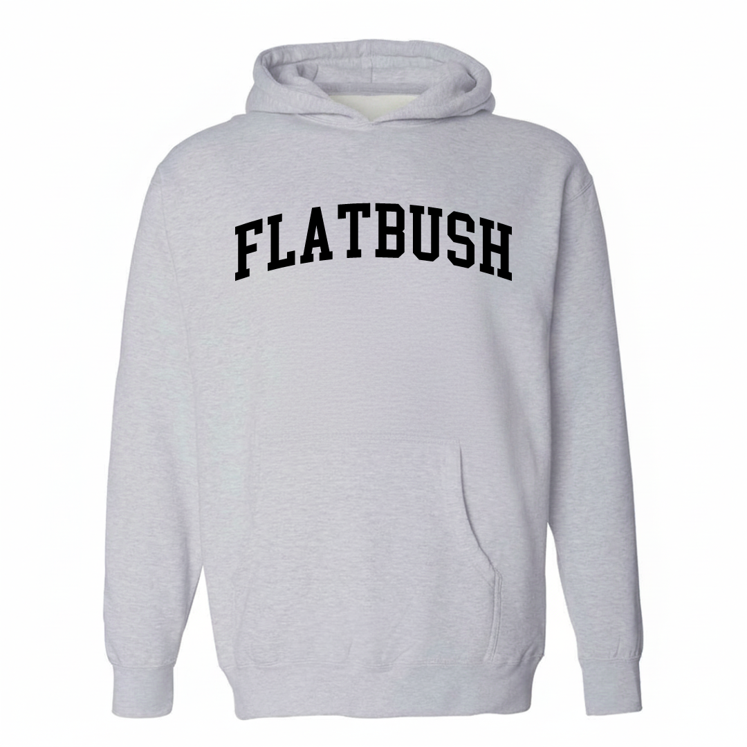 Heather-gray hoodie with the Flatbush varsity arched lettering design on the chest.