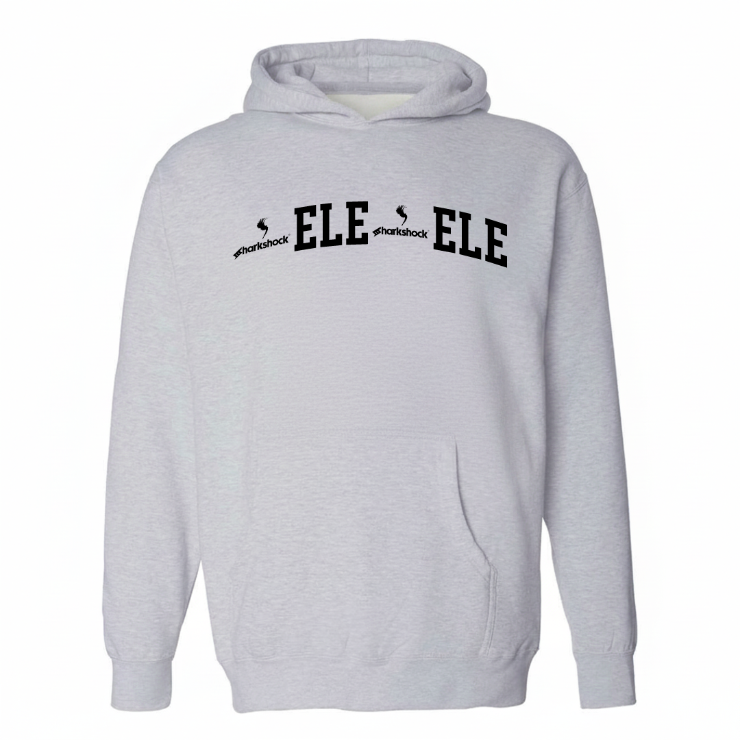 Heather-gray hoodie with the ʻEleʻele varsity arched lettering design on the chest.