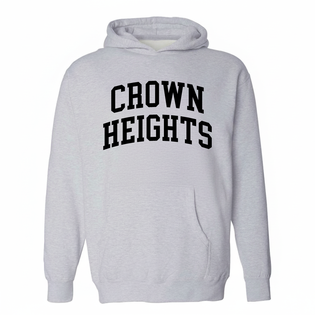 Heather-gray hoodie with the Crown Heights arched lettering design on the chest.