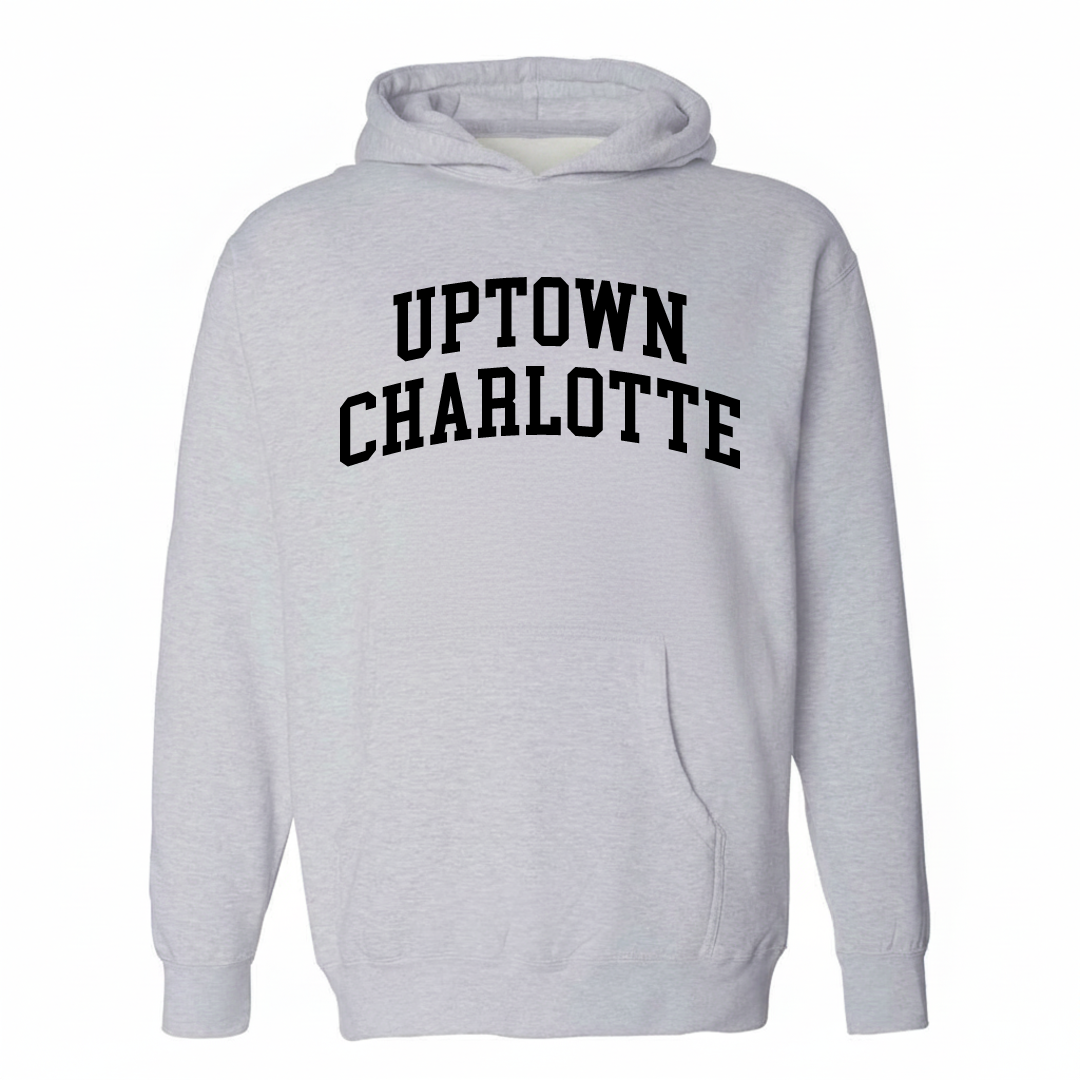 Heather-gray hoodie with the Uptown Charlotte varsity arched lettering design on the chest.