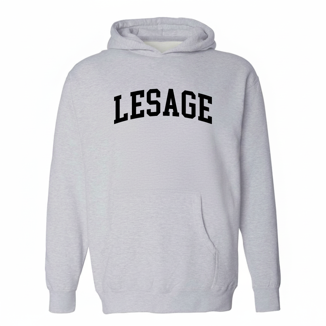 Heather-gray hoodie with the Lesage arched varsity lettering design on the chest.