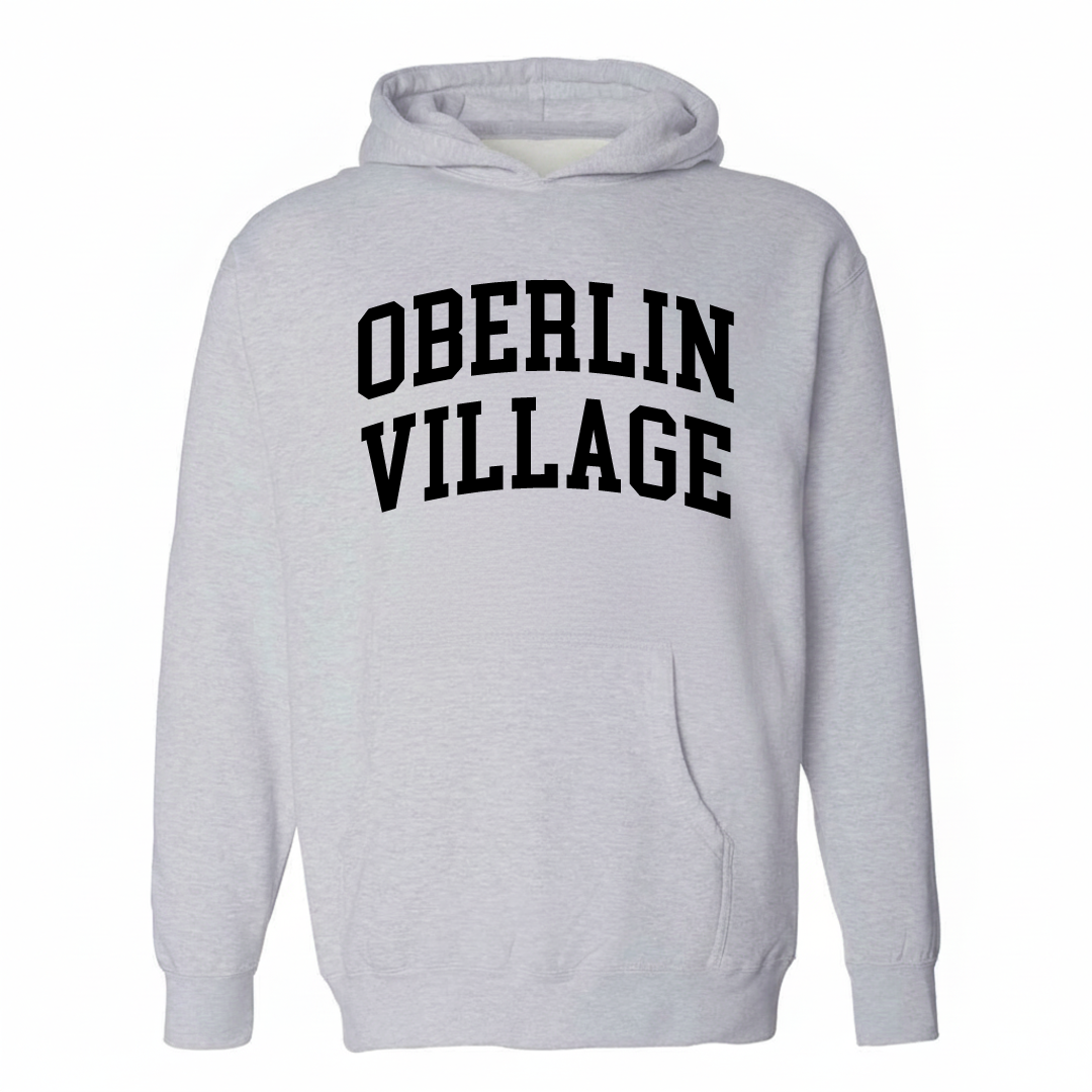 Heather-gray hoodie with the Oberlin Village varsity arched lettering design on the chest.