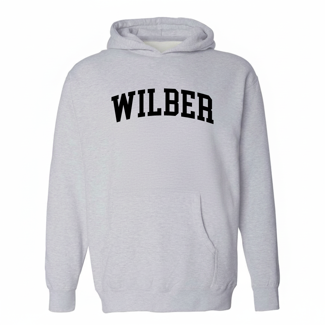 Heather-gray hoodie with the Wilber, Nebraska varsity arched lettering design on the chest.