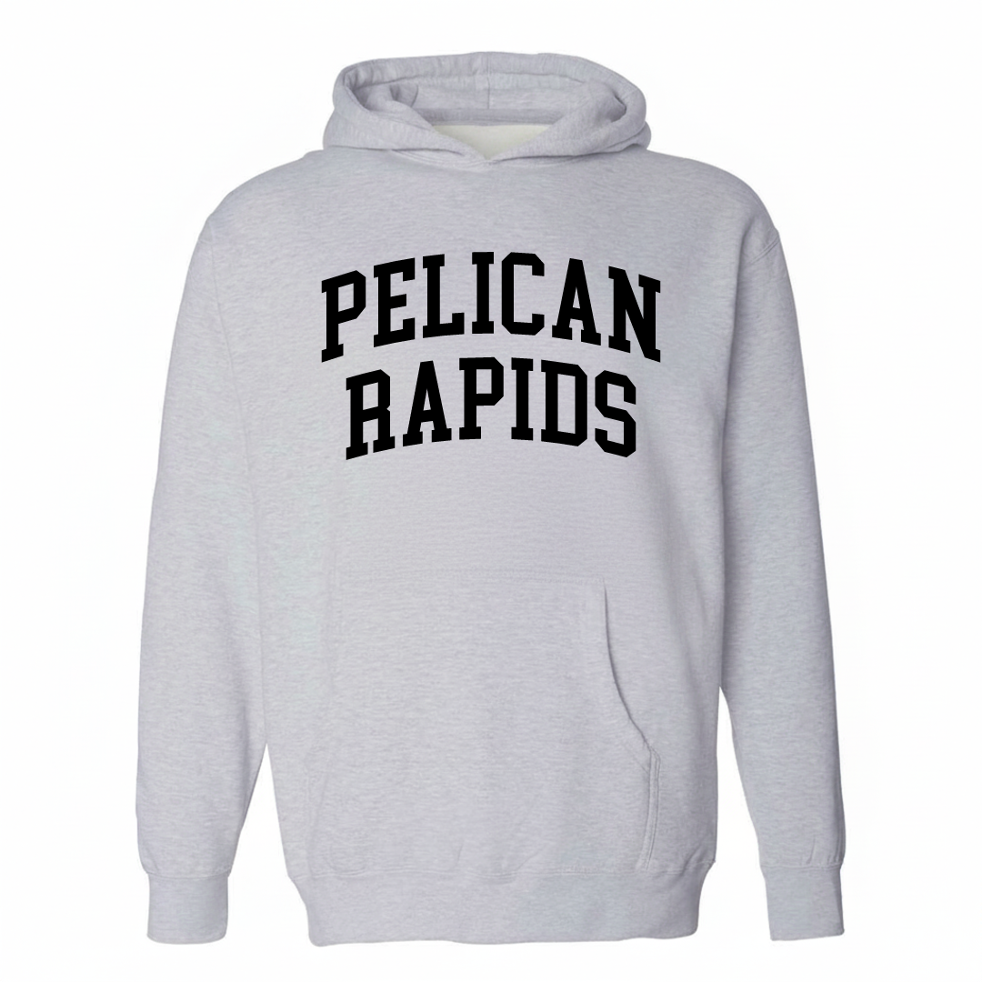 Heather-gray hoodie with the Pelican Rapids varsity arched lettering design on the chest.