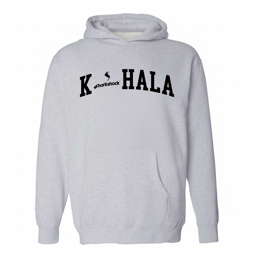Heather-gray hoodie with the Kāhala varsity arched lettering design on the chest.