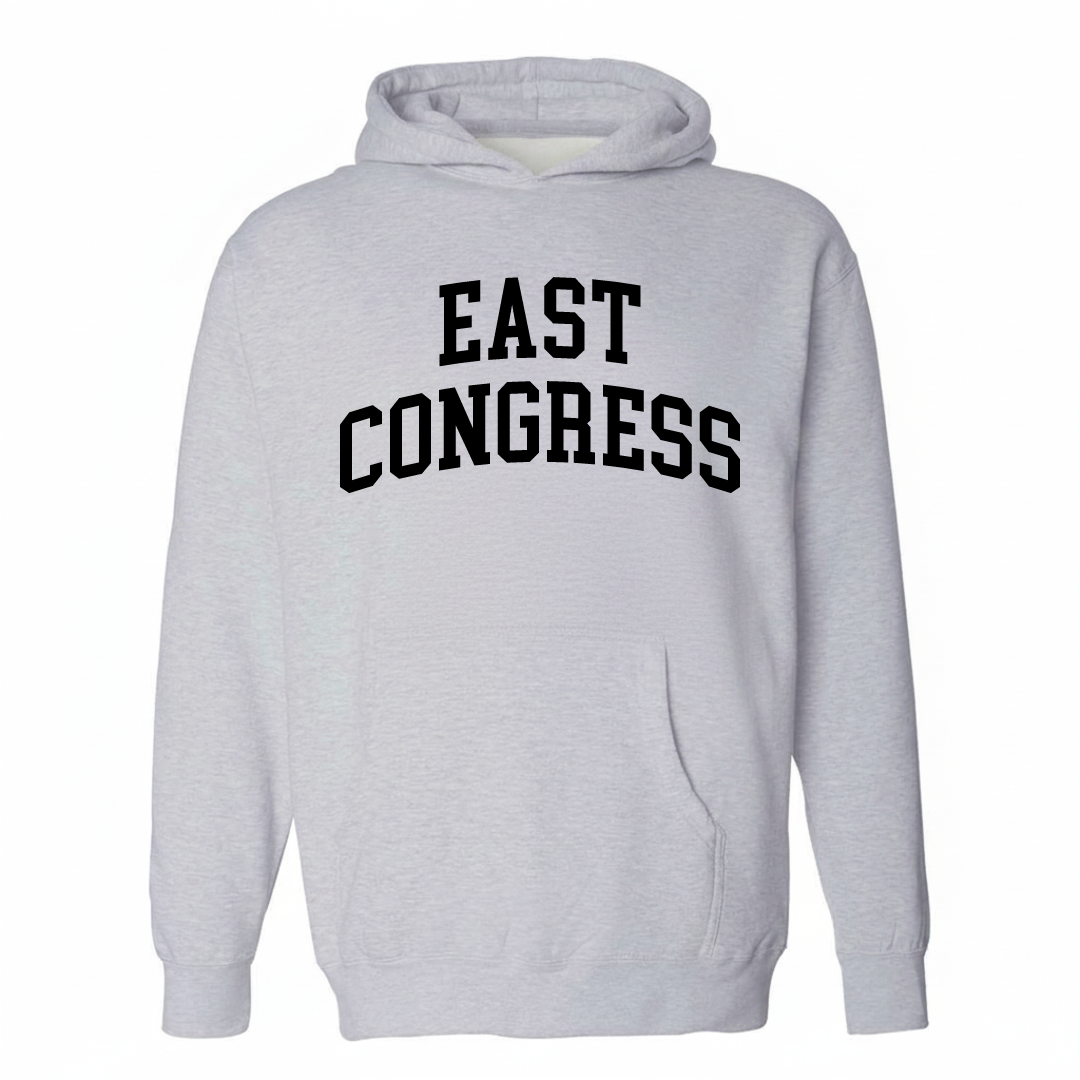 Heather-gray hoodie with the East Congress arched lettering design on the chest.