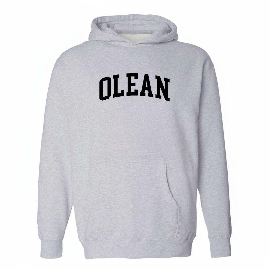 Heather-gray hoodie with the Olean arched varsity lettering design on the chest.