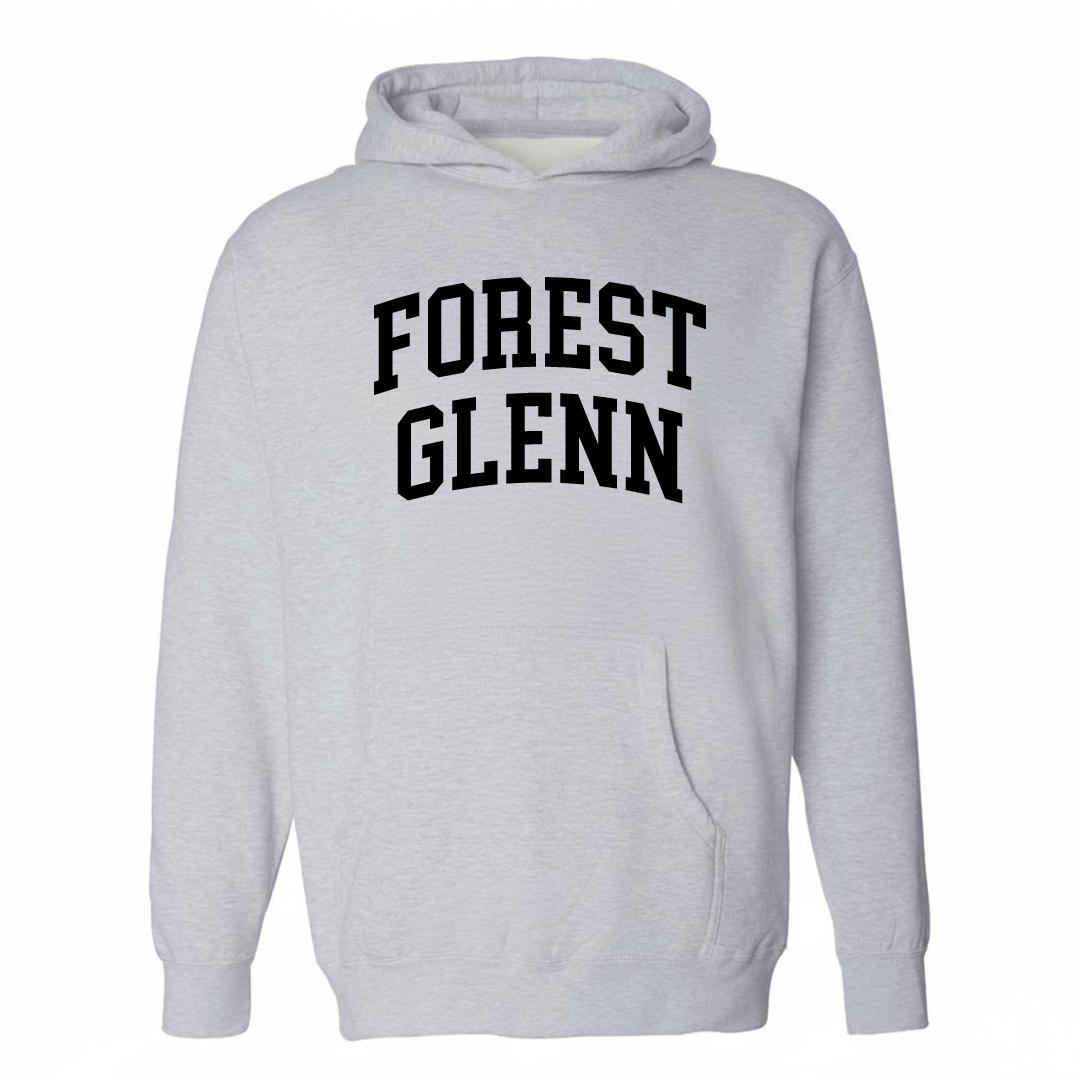 Heather-gray hoodie with the Forest Glenn varsity arched lettering design on the chest.