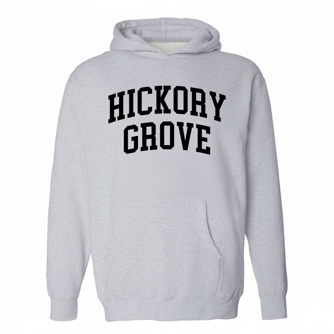 Heather-gray hoodie with the Hickory Grove varsity arched lettering design on the chest.
