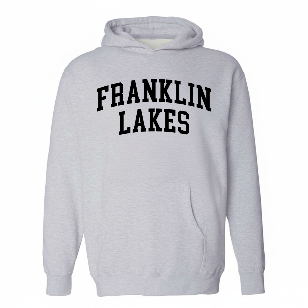 Heather-gray hoodie with the Franklin Lakes varsity arched lettering design on the chest.