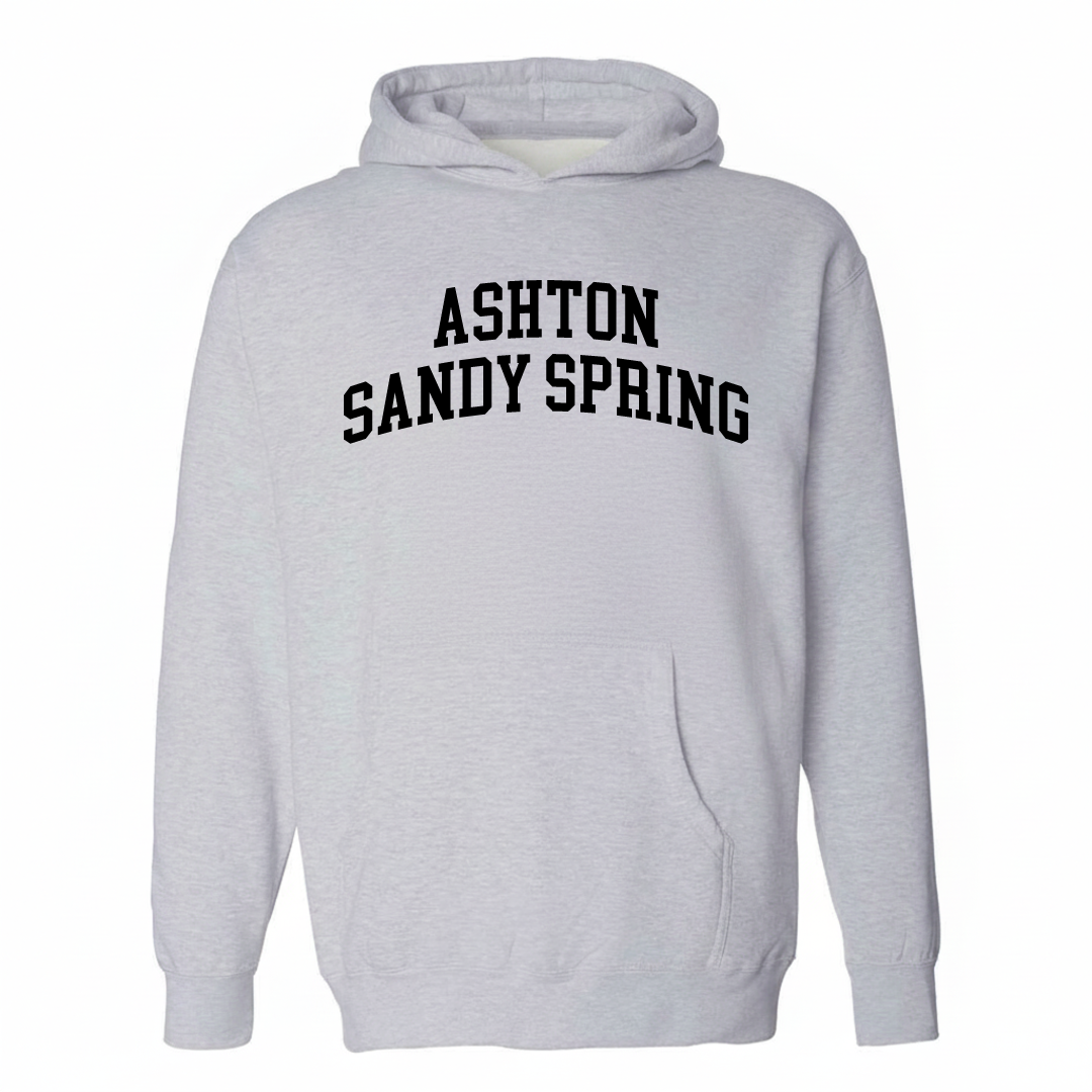 Heather-gray hoodie with the Ashton-Sandy Spring varsity arched lettering design on the chest.