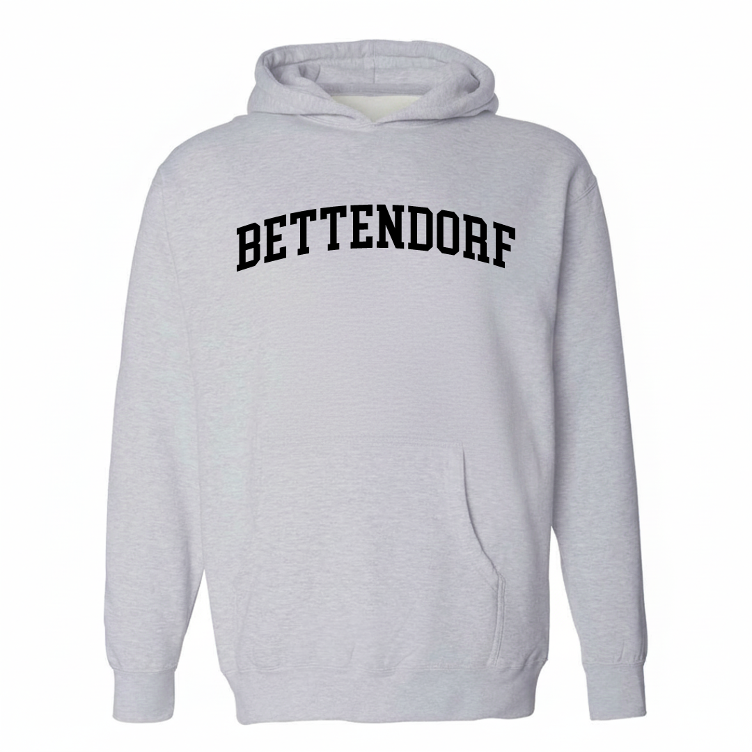 Heather-gray hoodie with the Bettendorf arched lettering varsity-collegiate design on the chest.
