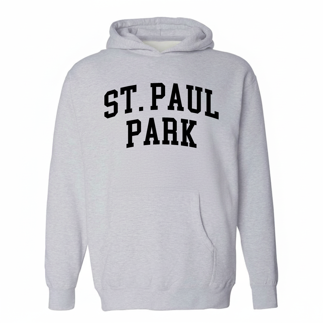 Heather-gray hoodie with the St. Paul Park varsity arched lettering design on the chest.