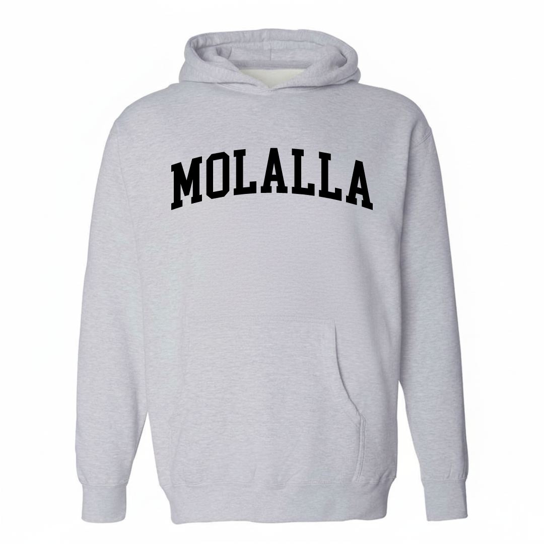 Heather-gray hoodie with the Molalla varsity arched lettering design on the chest.