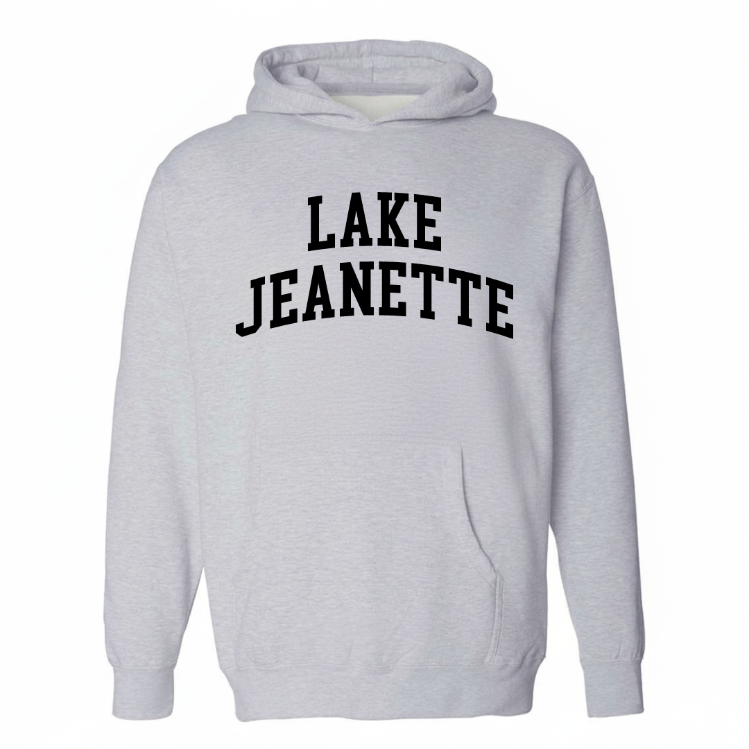 Heather-gray hoodie with the Lake Jeanette varsity arched lettering design on the chest.