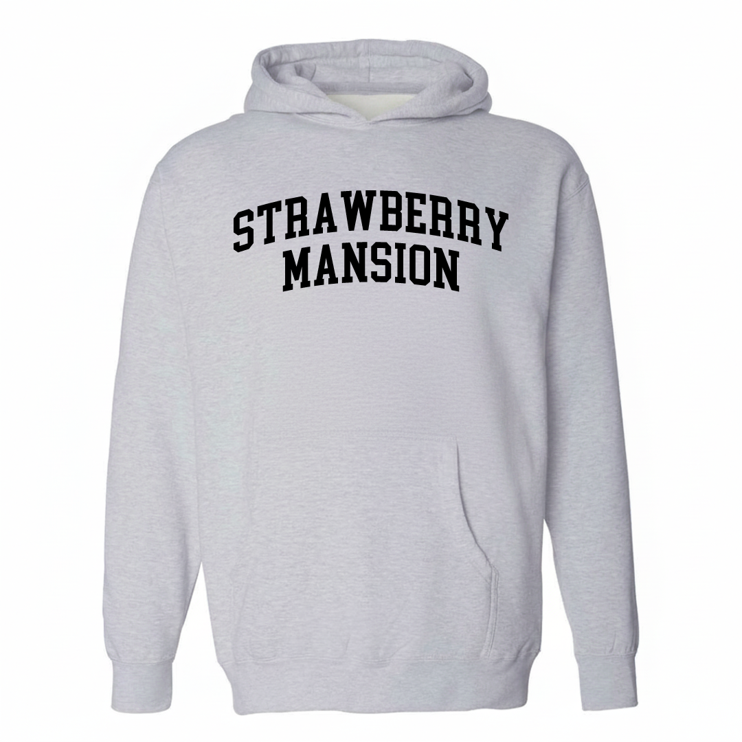 Heather-gray hoodie with the Strawberry Mansion varsity arched lettering design on the chest.