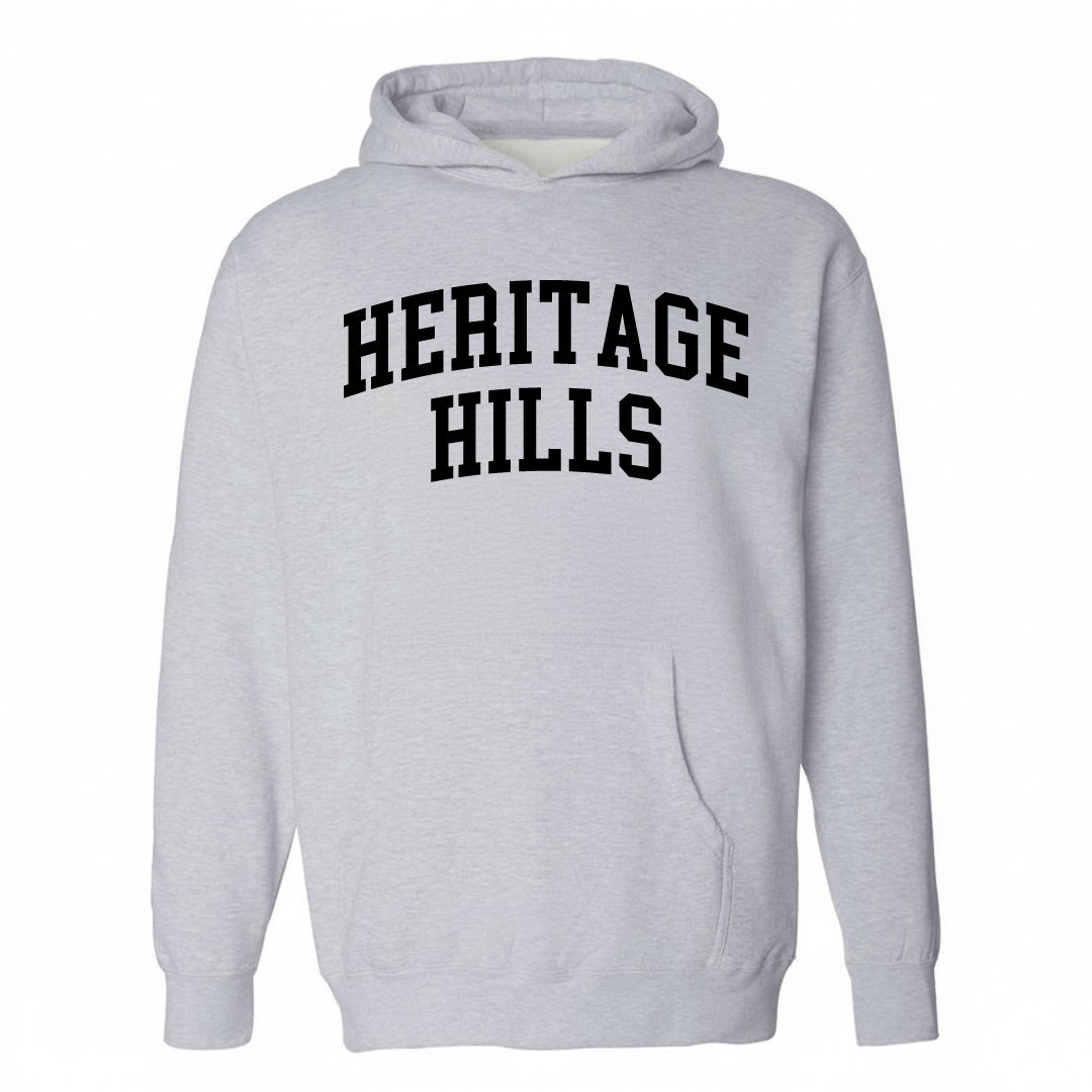 Heather-gray hoodie with the Heritage Hills varsity arched lettering design on the chest.