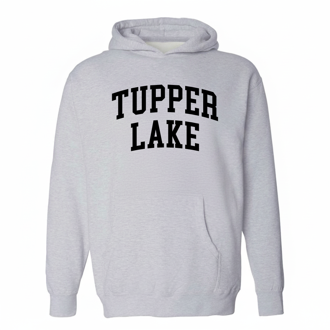 Heather-gray hoodie with the Tupper Lake varsity arched lettering design on the chest.