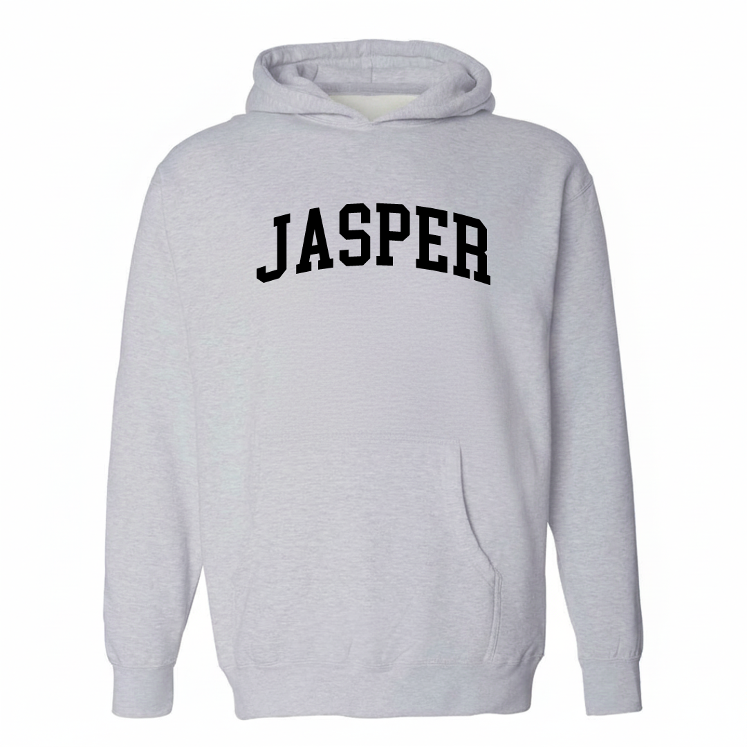 Heather-gray hoodie with the Jasper, TN varsity arched lettering design on the chest.