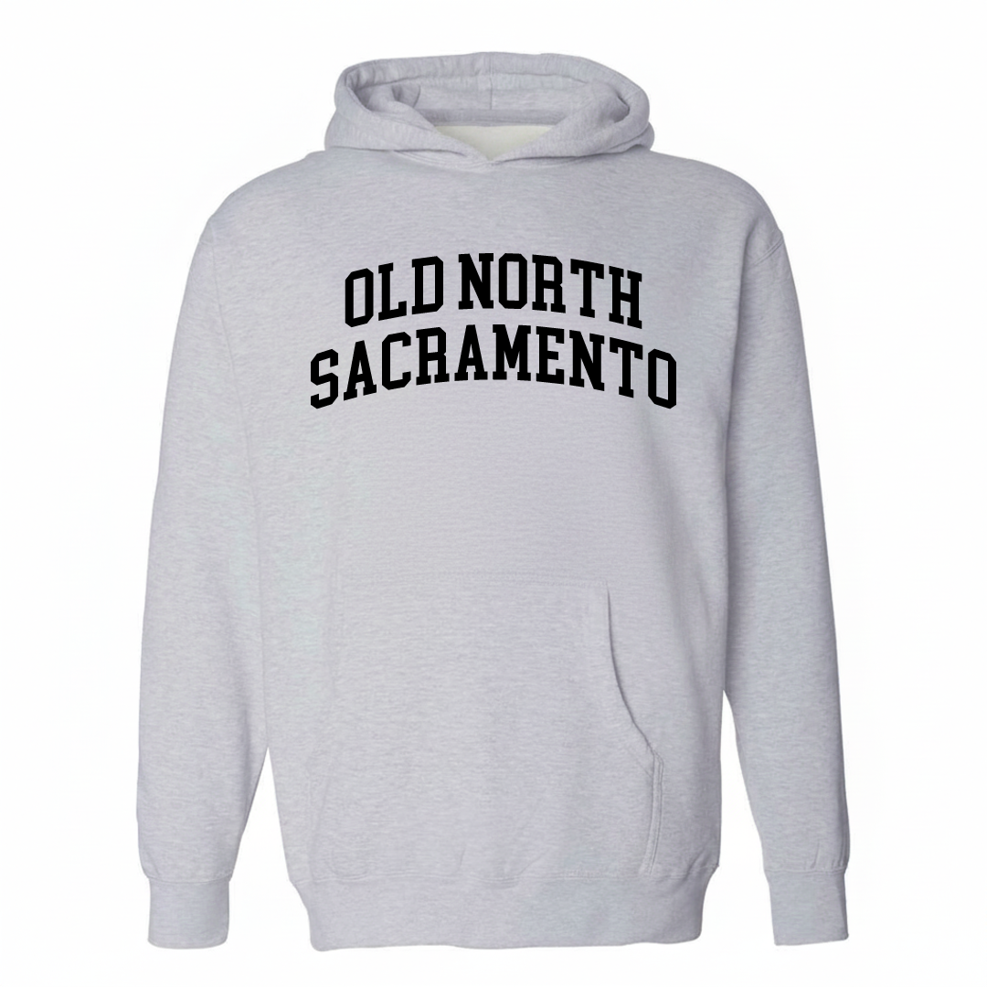 Heather-gray hoodie with the Old North Sacramento varsity arched lettering design on the chest.