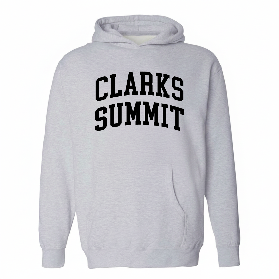 Heather-gray hoodie with the Clarks Summit varsity arched lettering design on the chest.